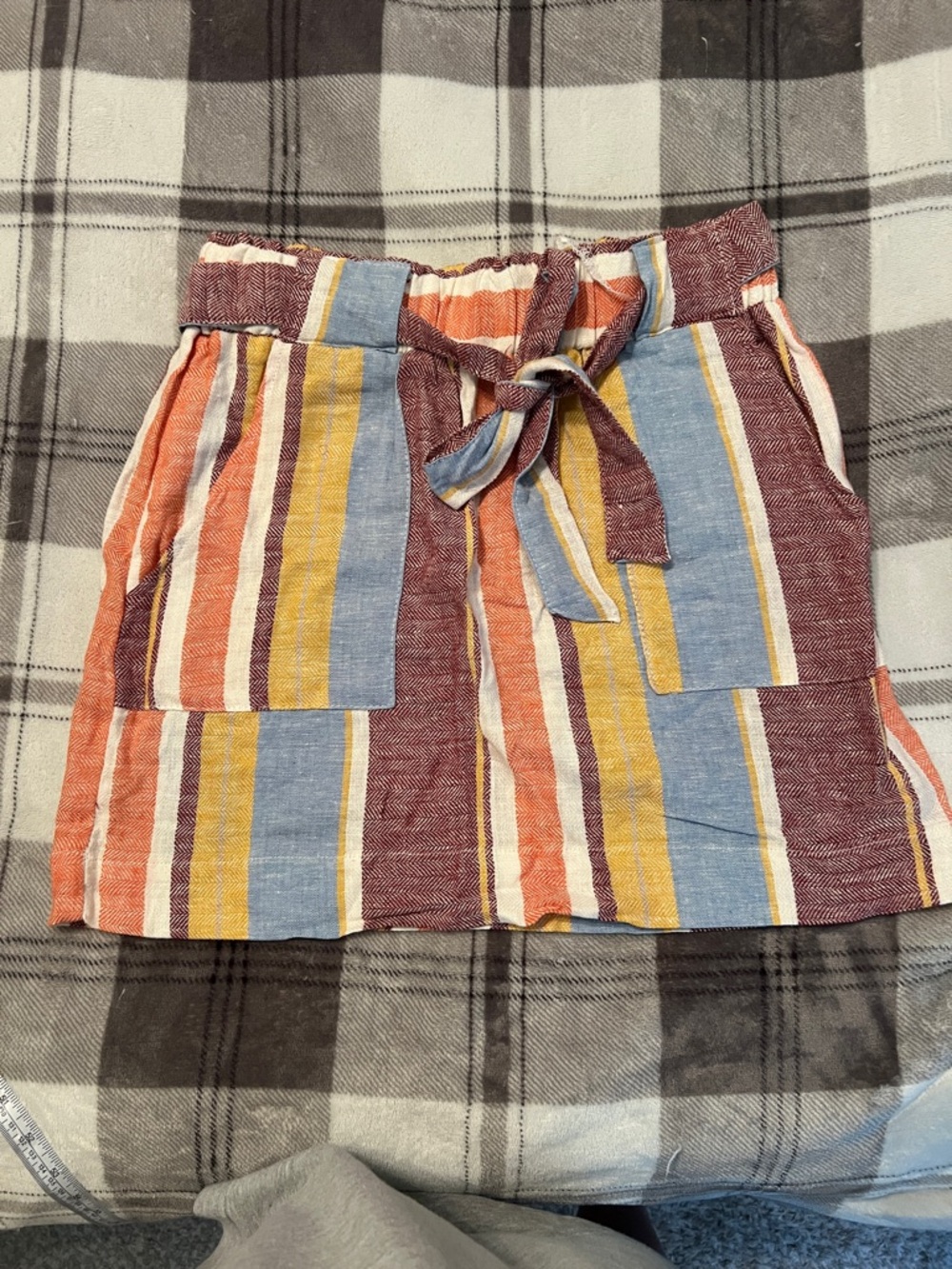 Indigo Rein Striped Tie-Waist Mini Skirt in Blue, Yellow, Orange, Burgundy